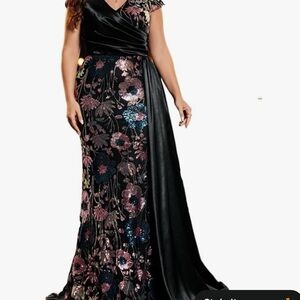 New Plus-Size Black Floral Sequin Evening Dress